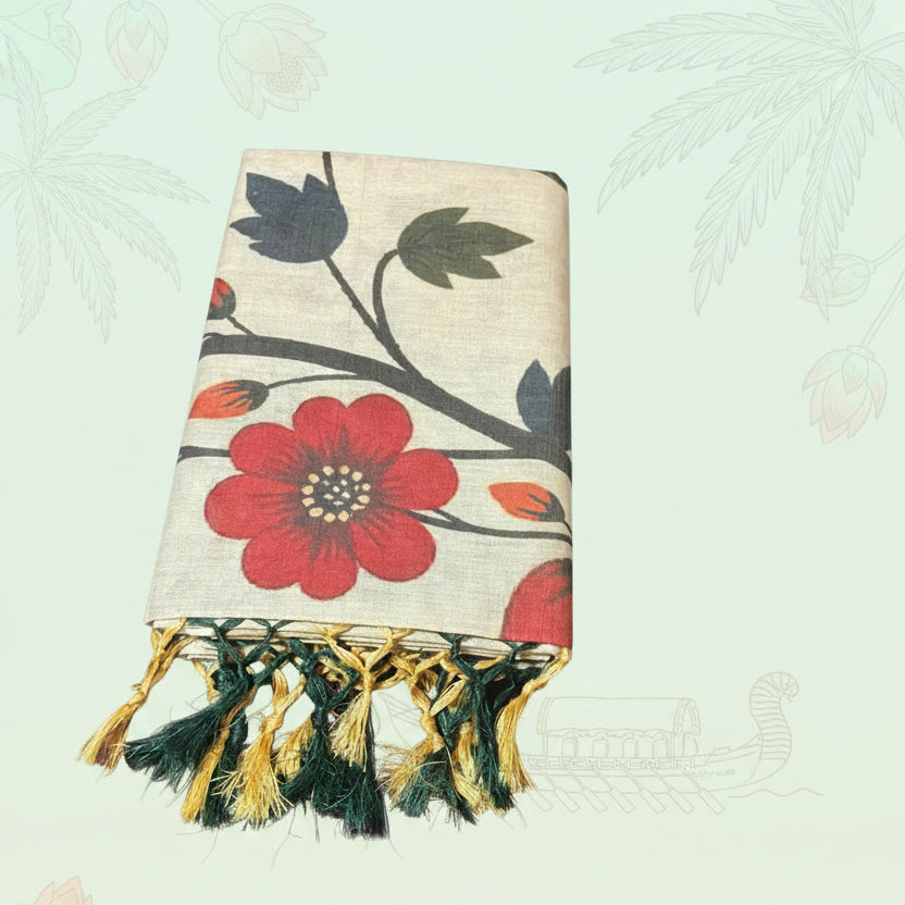 The Crimson Bloom: Kuthampully Tissue Kerala Saree with Flower Motif - Meera's Mini Mavericks