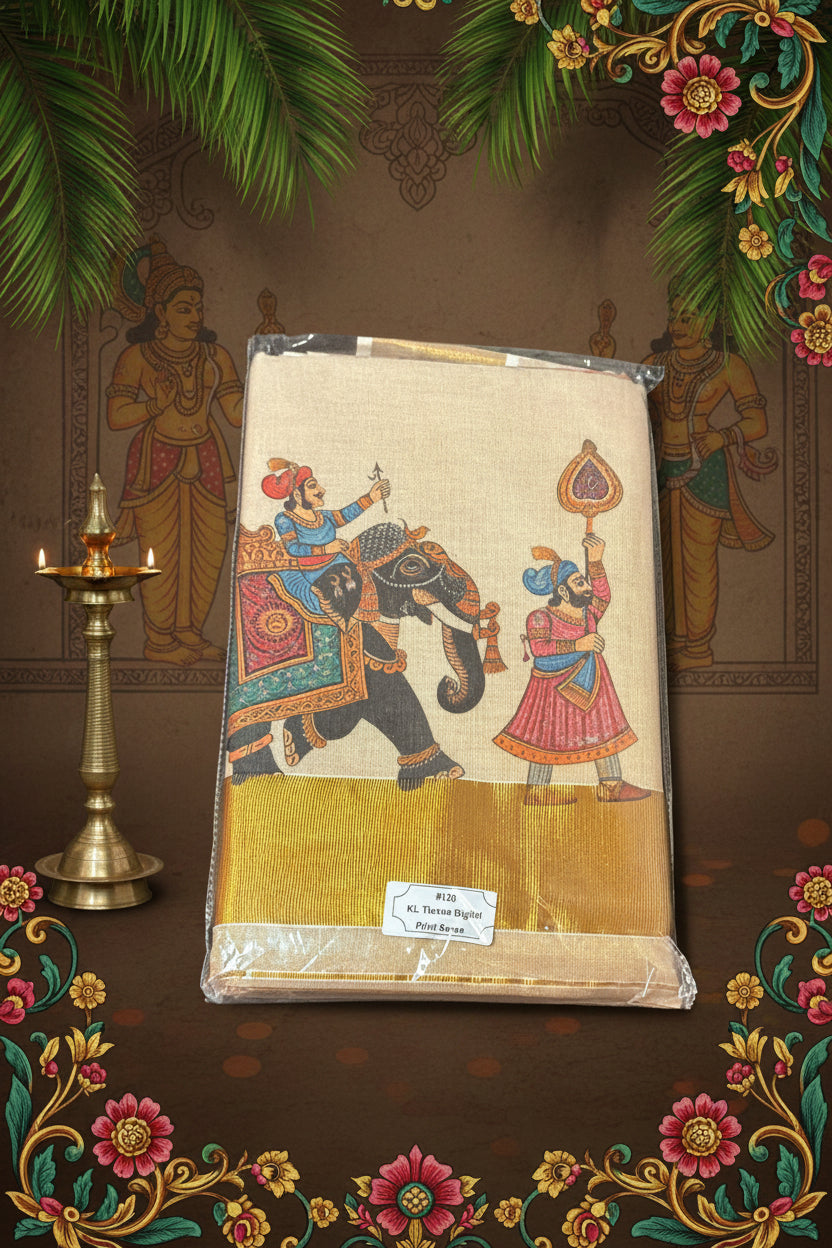 Kerala Kasavu Tissue Saree – Royal Procession Mural Design - Meera's Mini Mavericks