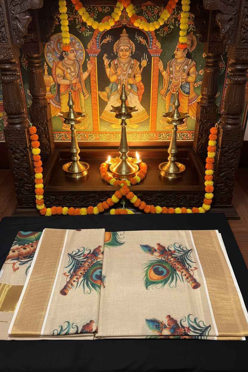 The Mural Murali - Lord Krishna's Flute Heritage Handloom Tissue Saree