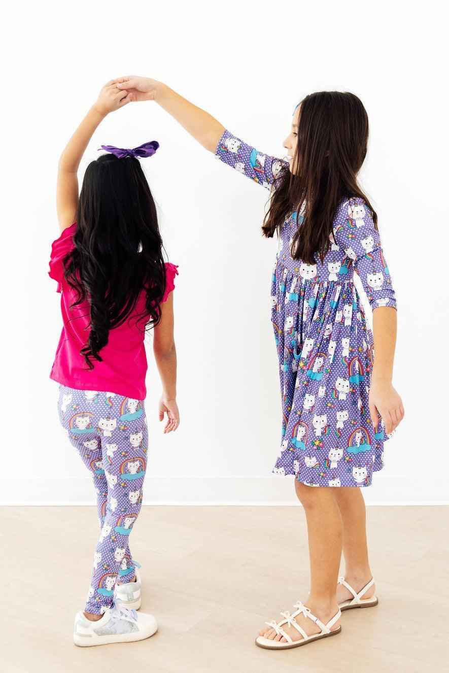 Kitties in the Clouds 3/4 Sleeve Pocket Twirl Dress - Meera's Mini Mavericks
