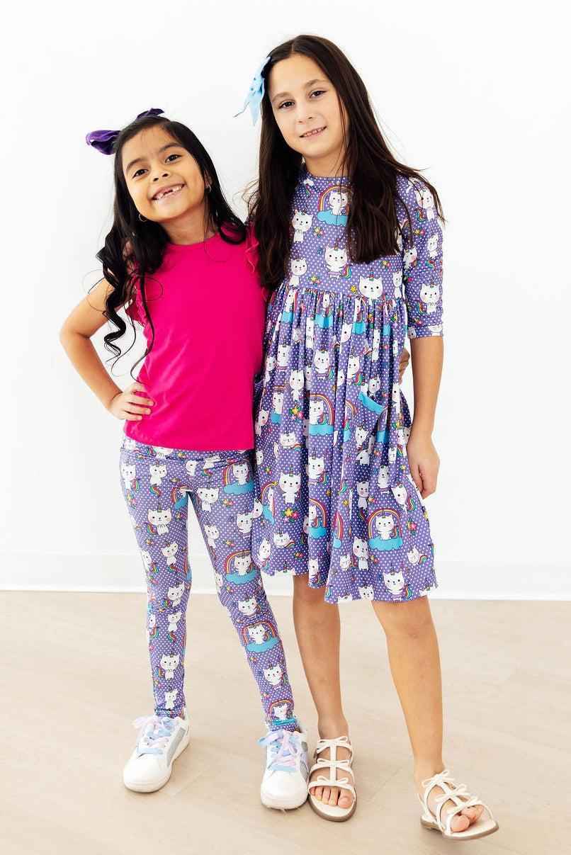 Kitties in the Clouds 3/4 Sleeve Pocket Twirl Dress - Meera's Mini Mavericks