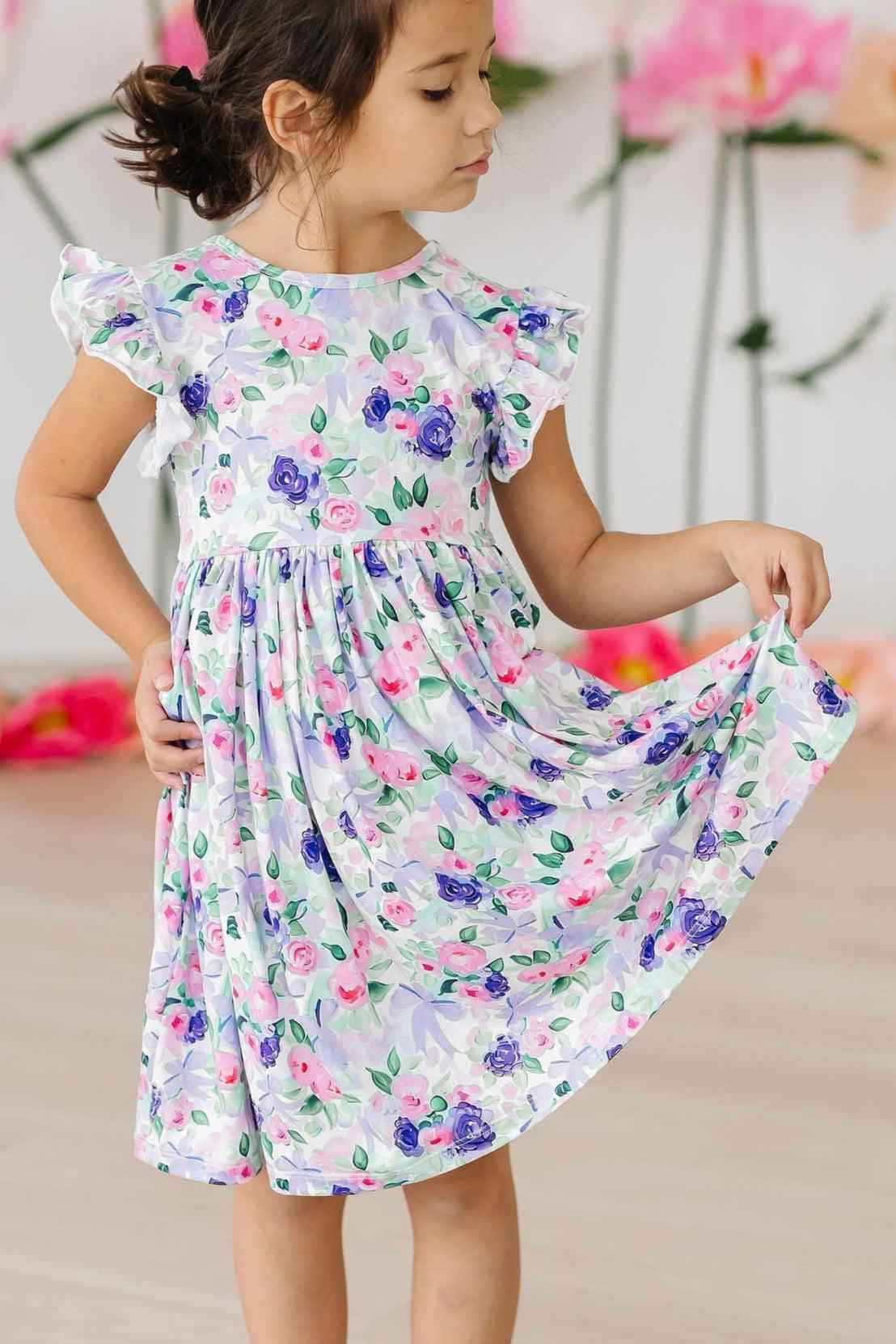 Lavender Love Flutter Sleeve Twirl Dress - Meera's Mini Mavericks
