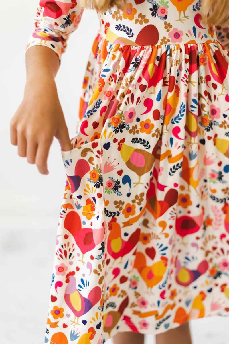 Little Red Hen 3/4 Sleeve Pocket Twirl Dress - Meera's Mini Mavericks