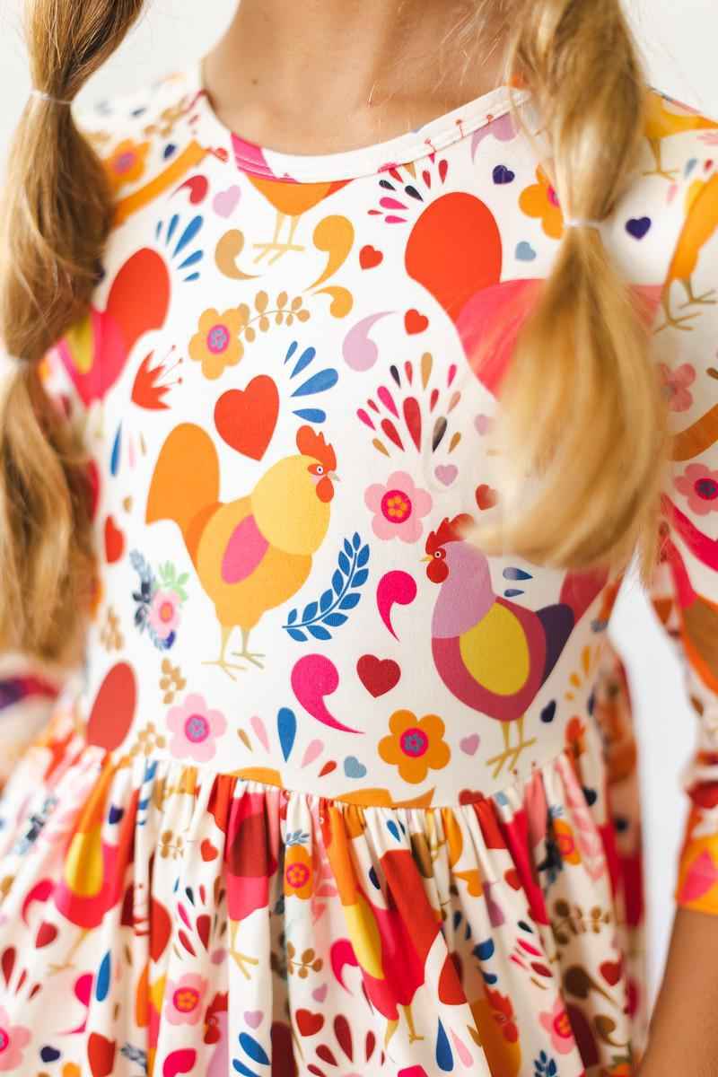 Little Red Hen 3/4 Sleeve Pocket Twirl Dress - Meera's Mini Mavericks