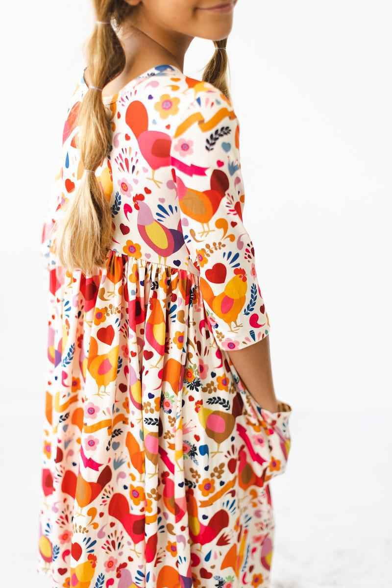 Little Red Hen 3/4 Sleeve Pocket Twirl Dress - Meera's Mini Mavericks