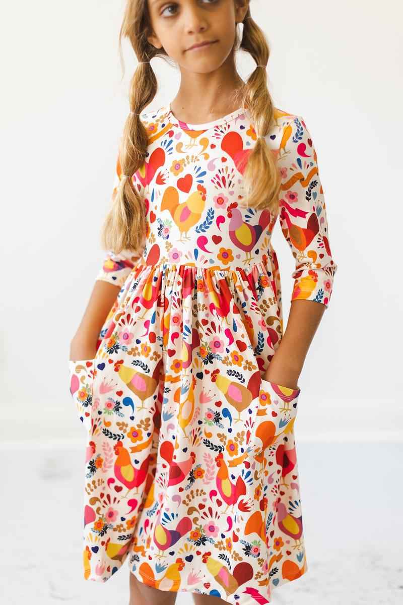 Little Red Hen 3/4 Sleeve Pocket Twirl Dress - Meera's Mini Mavericks