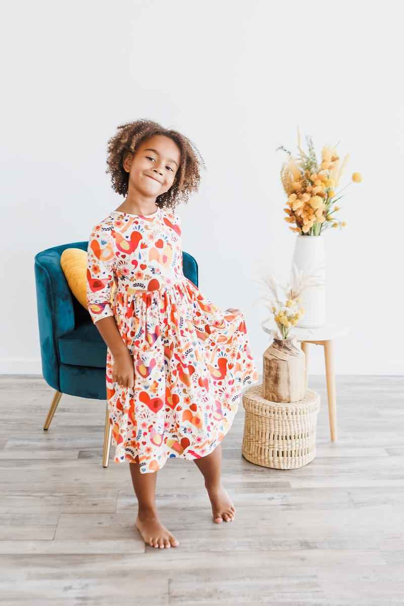 Little Red Hen 3/4 Sleeve Pocket Twirl Dress - Meera's Mini Mavericks