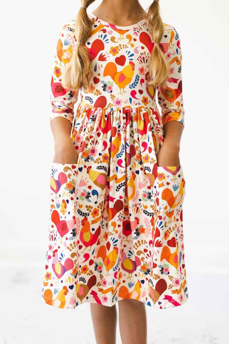 Little Red Hen 3/4 Sleeve Pocket Twirl Dress - Meera's Mini Mavericks