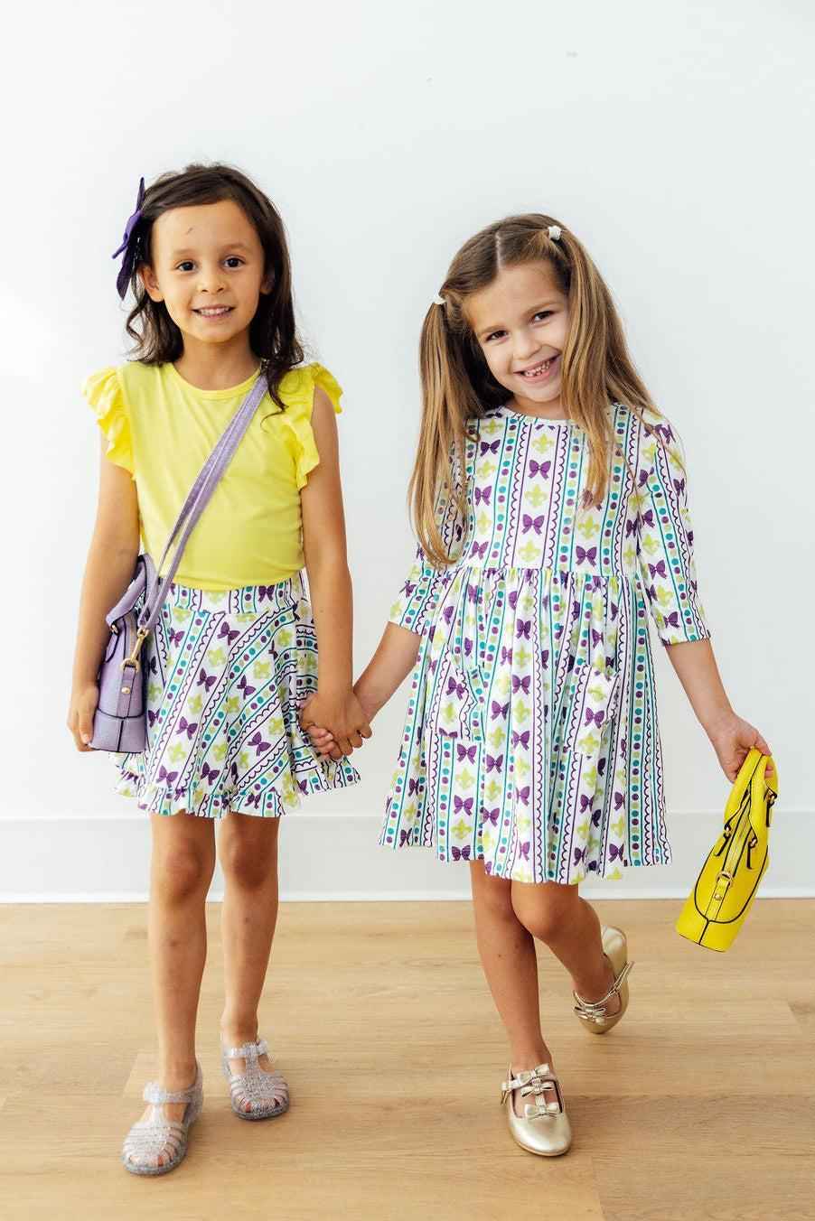 Mardi Gras 3/4 Sleeve Pocket Twirl Dress - Meera's Mini Mavericks