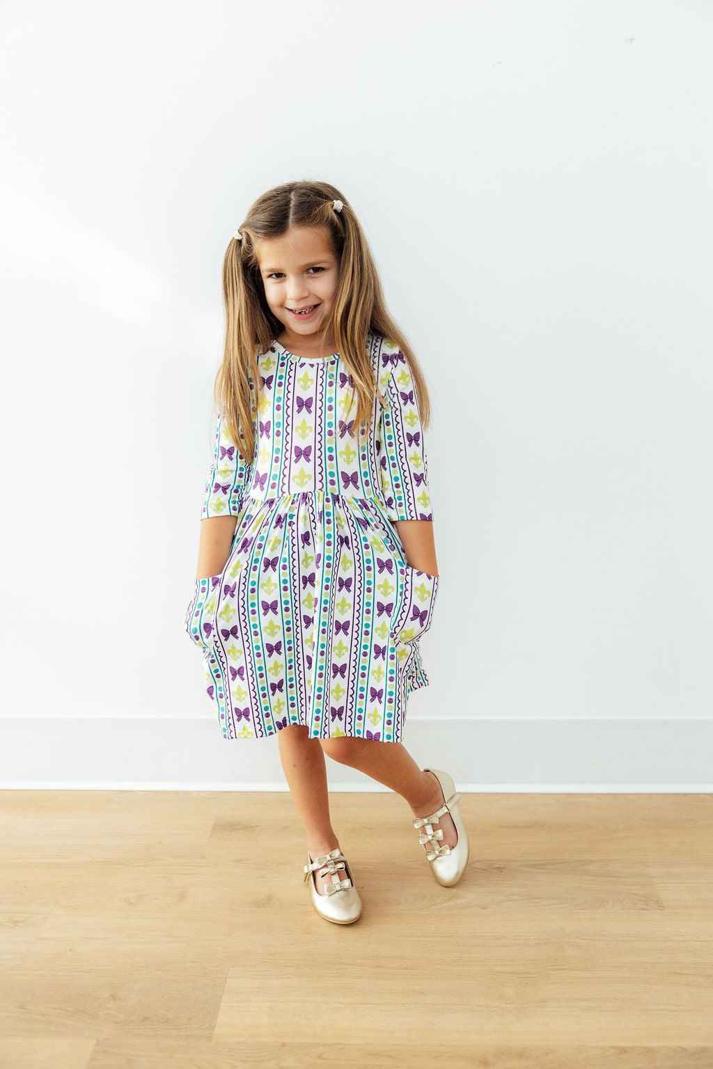 Mardi Gras 3/4 Sleeve Pocket Twirl Dress - Meera's Mini Mavericks