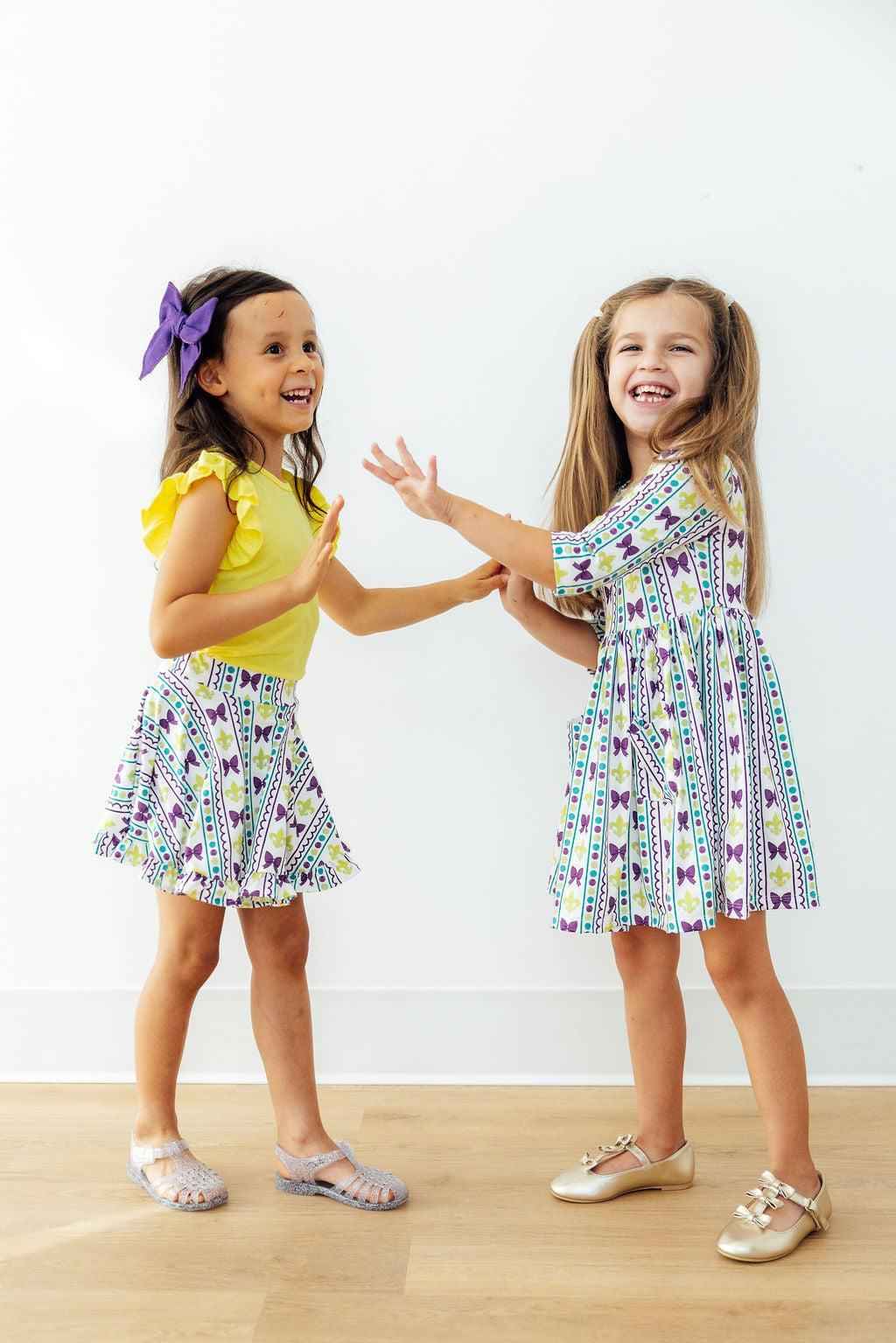 Mardi Gras 3/4 Sleeve Pocket Twirl Dress - Meera's Mini Mavericks