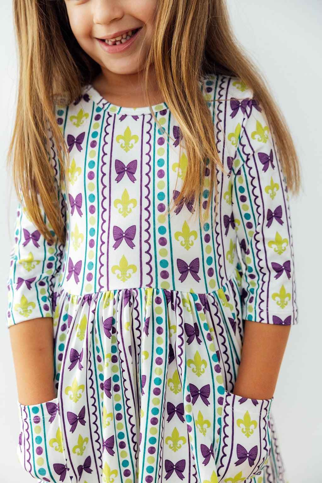 Mardi Gras 3/4 Sleeve Pocket Twirl Dress - Meera's Mini Mavericks