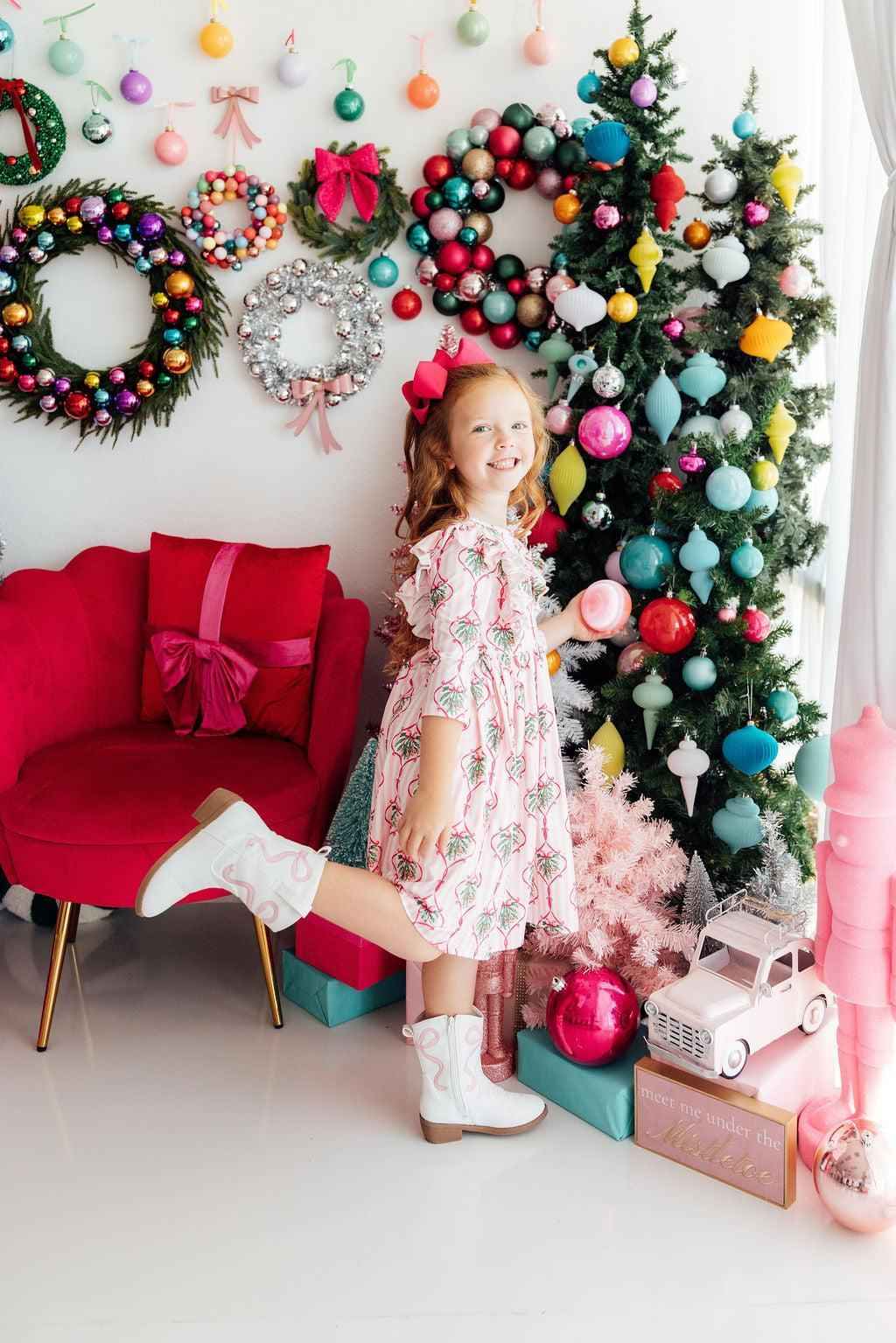 Merry Mistletoe 3/4 Sleeve Ruffle Twirl Dress - Meera's Mini Mavericks