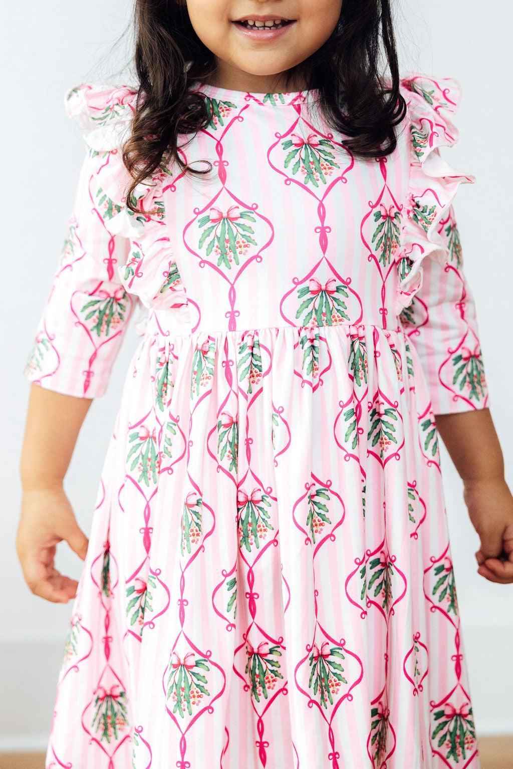 Merry Mistletoe 3/4 Sleeve Ruffle Twirl Dress - Meera's Mini Mavericks