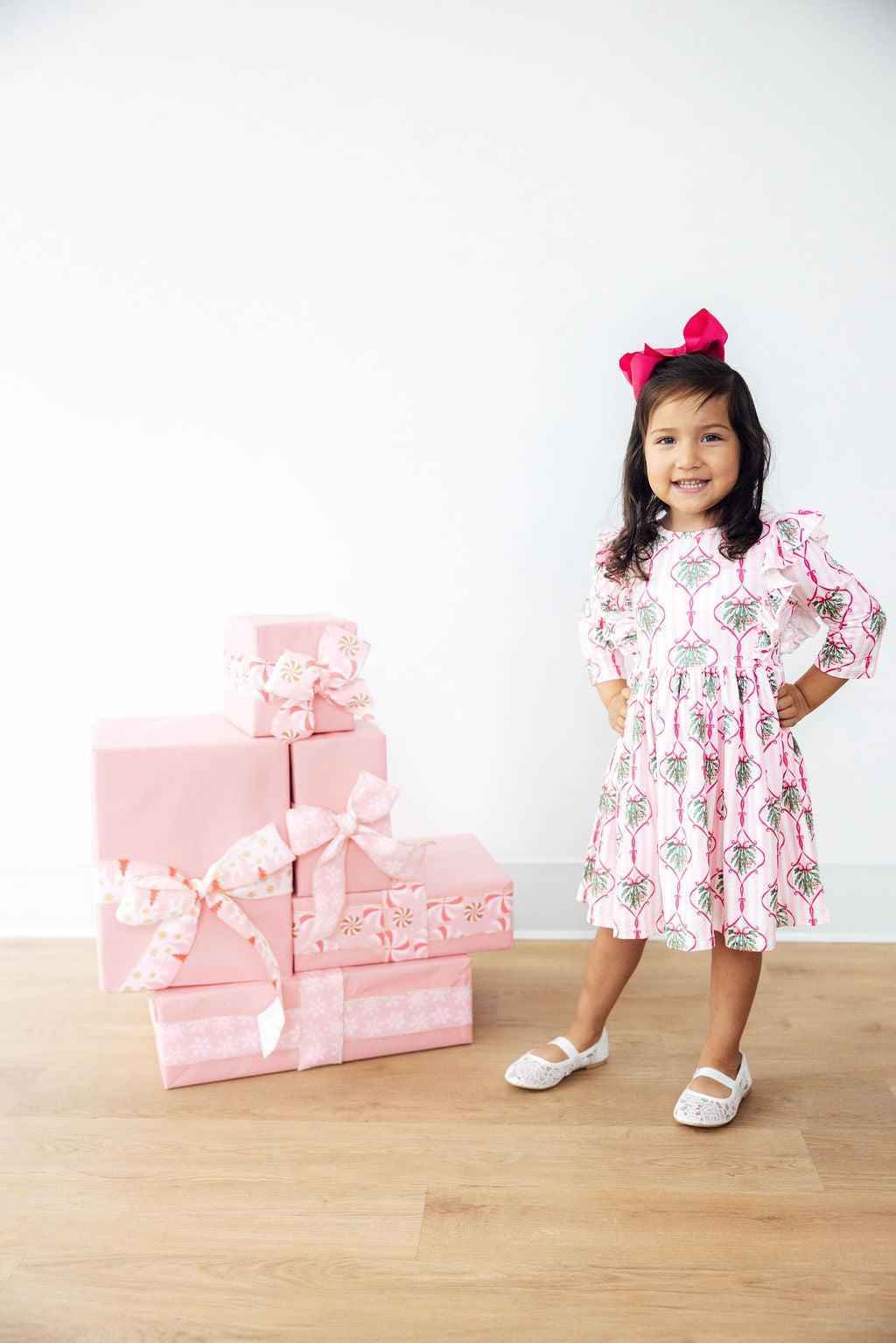 Merry Mistletoe 3/4 Sleeve Ruffle Twirl Dress - Meera's Mini Mavericks