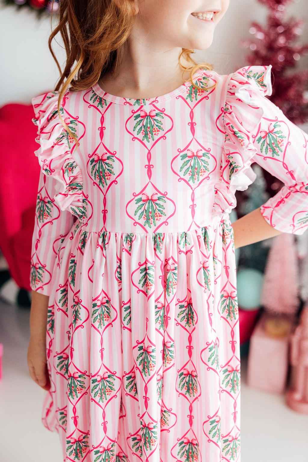 Merry Mistletoe 3/4 Sleeve Ruffle Twirl Dress - Meera's Mini Mavericks