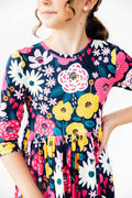 Midnight Floral 3/4 Sleeve Pocket Twirl Dress - Meera's Mini Mavericks