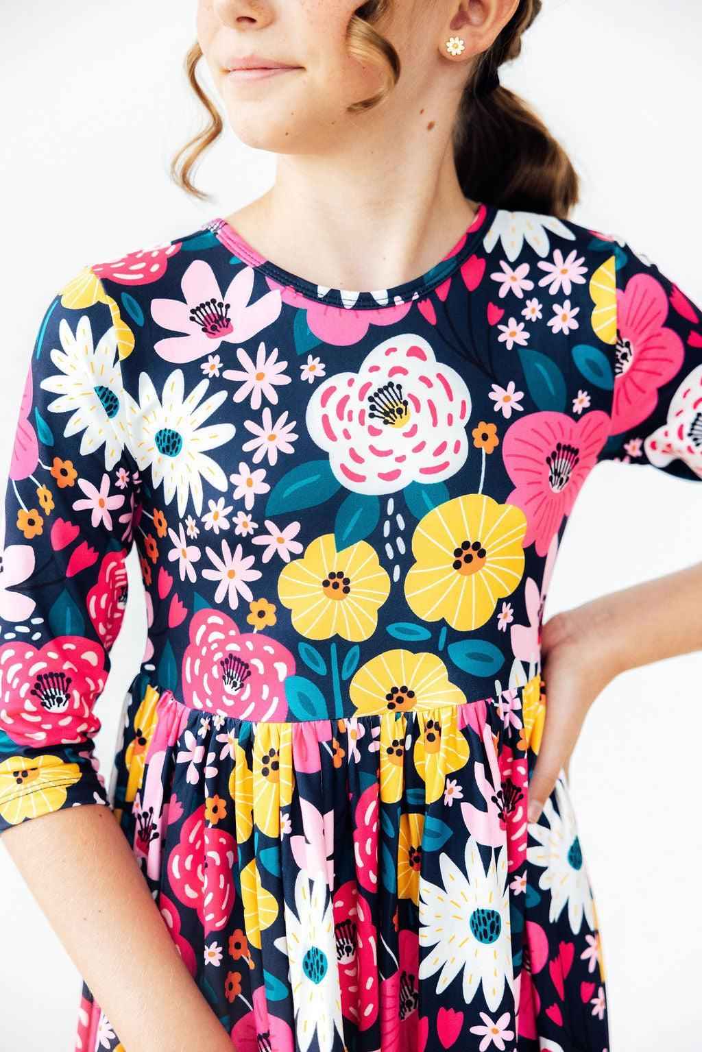 Midnight Floral 3/4 Sleeve Pocket Twirl Dress - Meera's Mini Mavericks