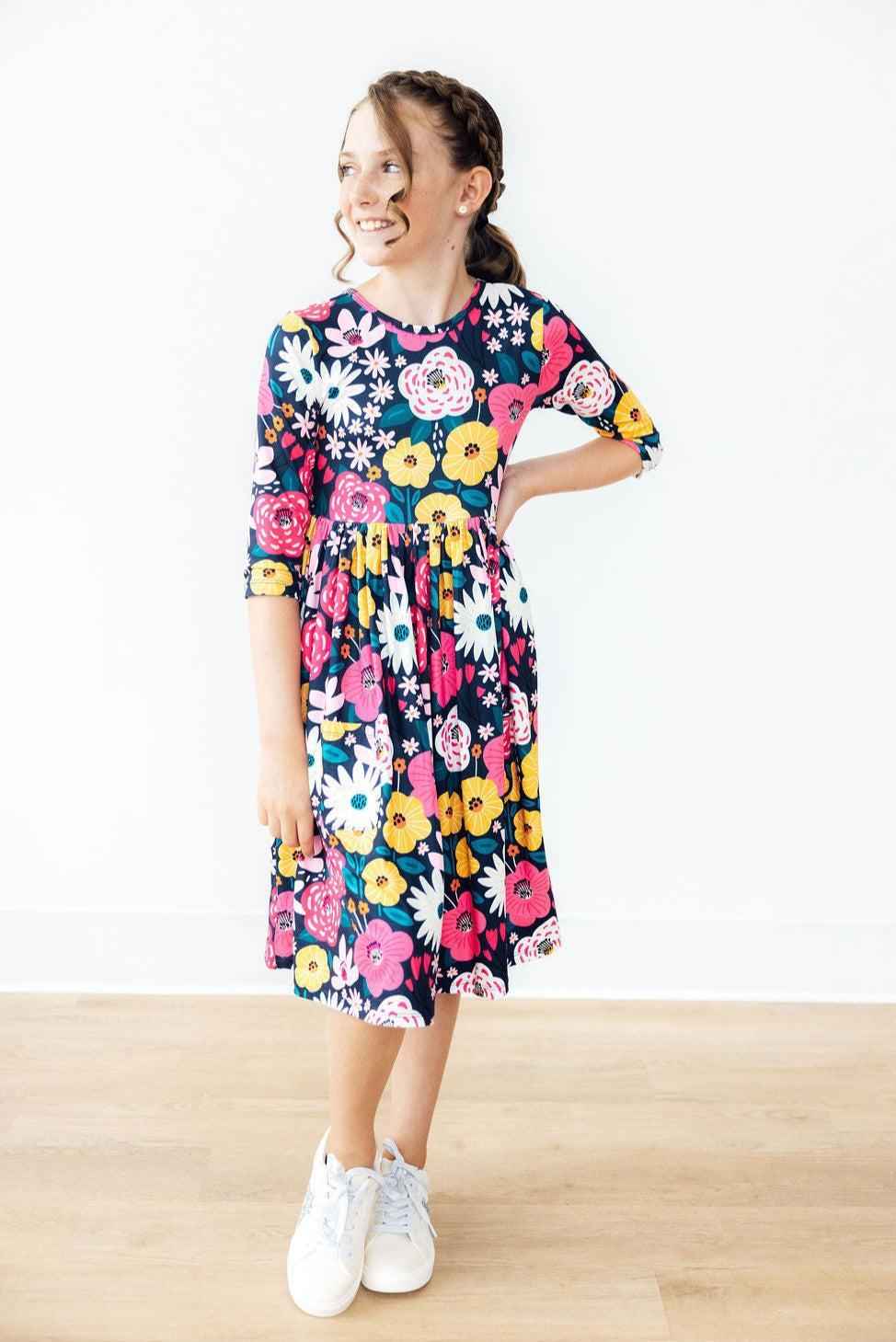 Midnight Floral 3/4 Sleeve Pocket Twirl Dress - Meera's Mini Mavericks