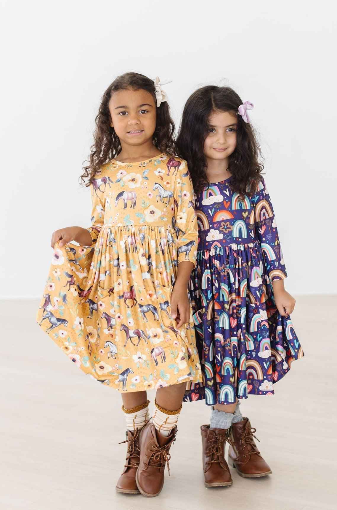 Midnight Rainbow 3/4 Sleeve Pocket Twirl Dress - Meera's Mini Mavericks