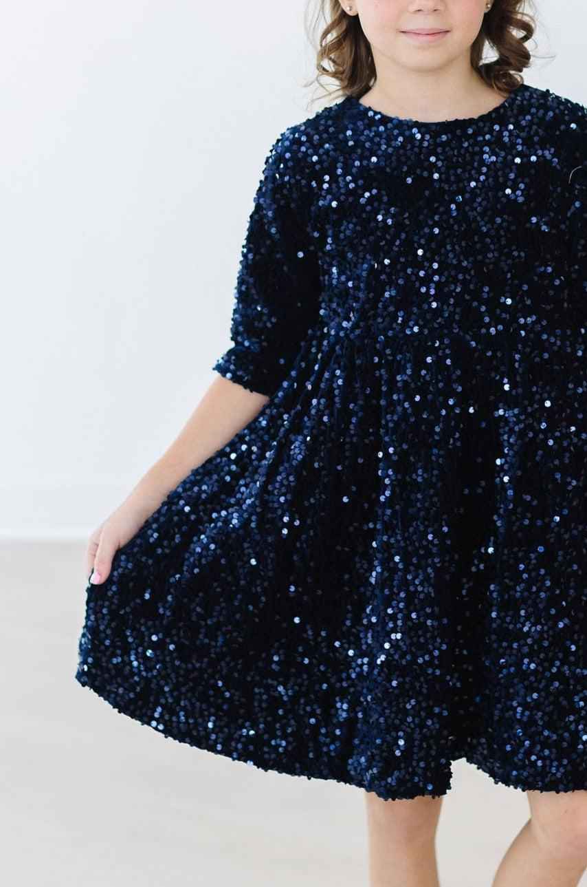 Navy Blue Velvet Sequin Dress - Meera's Mini Mavericks