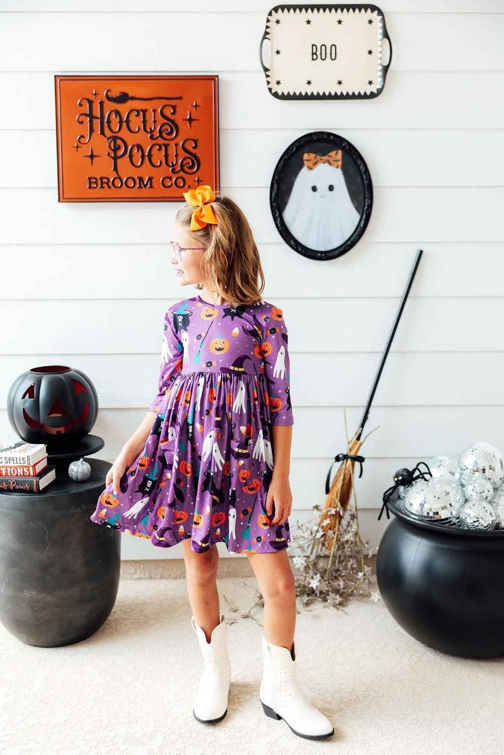 No Tricks, Just Treats 3/4 Sleeve Pocket Twirl Dress - Meera's Mini Mavericks