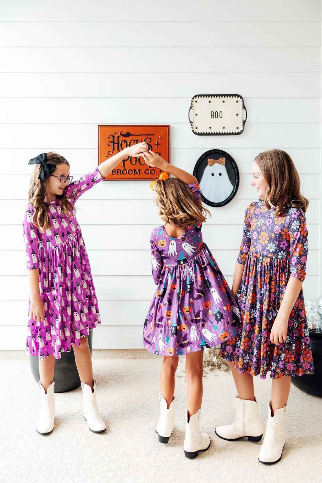 No Tricks, Just Treats 3/4 Sleeve Pocket Twirl Dress - Meera's Mini Mavericks