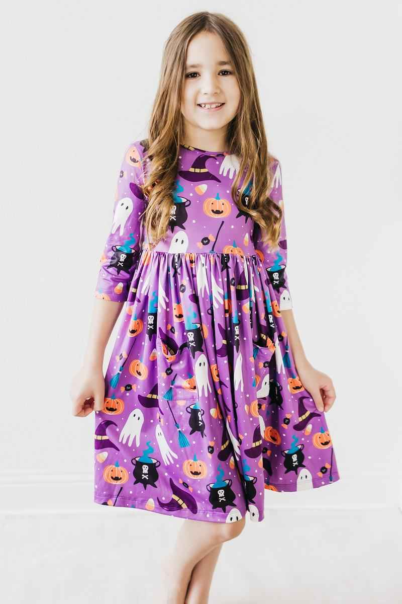 No Tricks, Just Treats 3/4 Sleeve Pocket Twirl Dress - Meera's Mini Mavericks