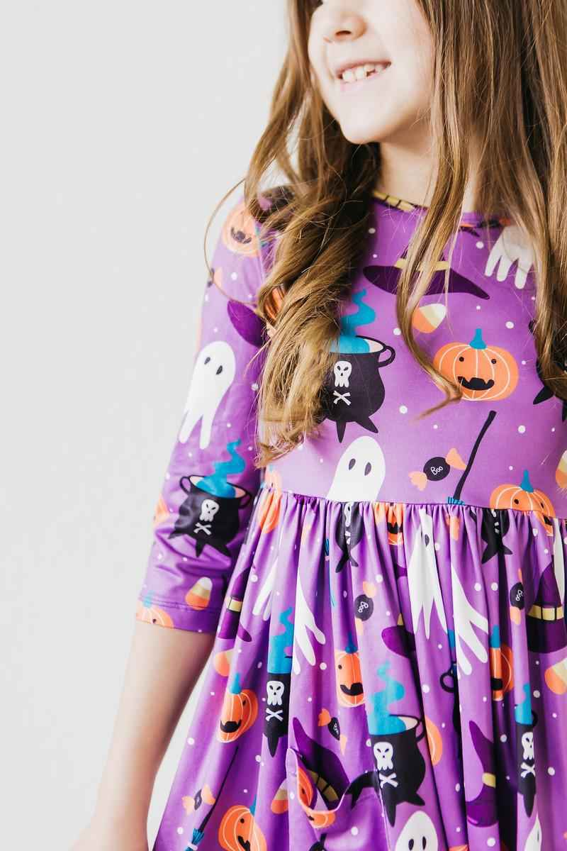 No Tricks, Just Treats 3/4 Sleeve Pocket Twirl Dress - Meera's Mini Mavericks