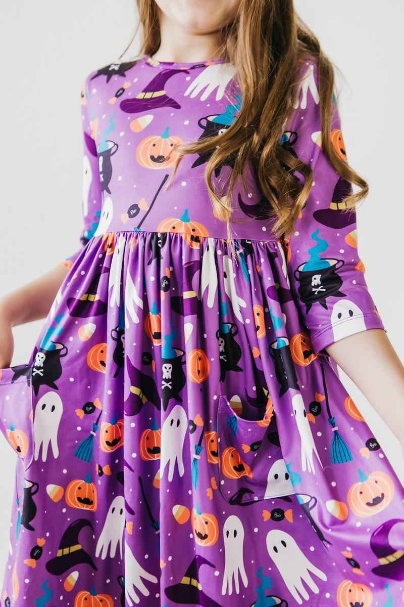 No Tricks, Just Treats 3/4 Sleeve Pocket Twirl Dress - Meera's Mini Mavericks