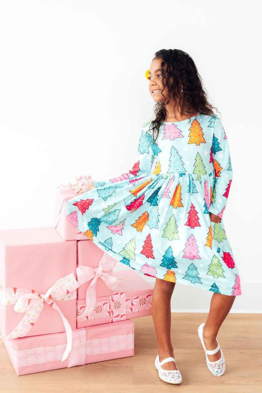 Oh Christmas Tree L/S Pocket Twirl Dress - Meera's Mini Mavericks