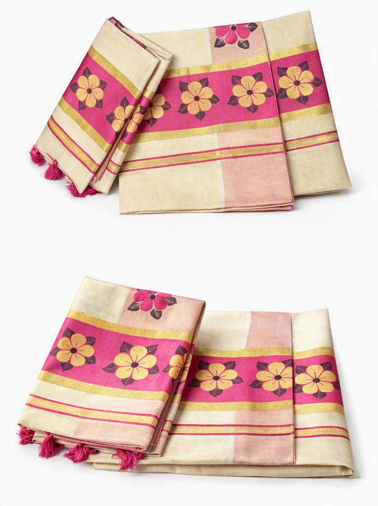 Kuthampully Kasavu Tissue Set Mundu with Fuchsia Floral Motifs
