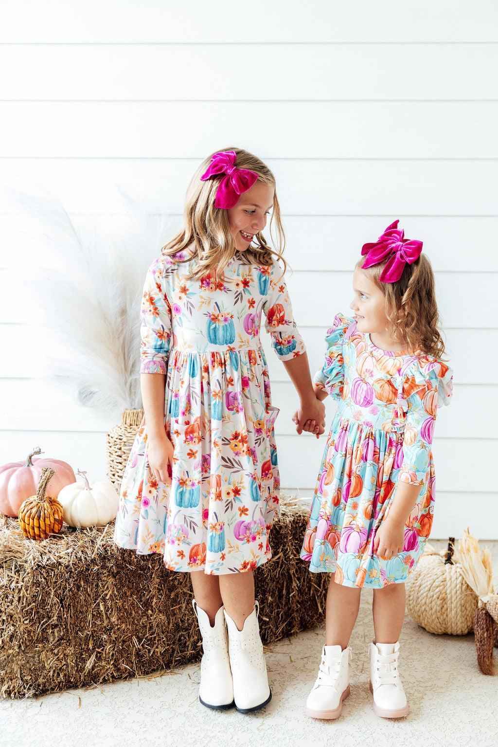Preppy Pumpkins 3/4 Sleeve Ruffle Twirl Dress - Meera's Mini Mavericks