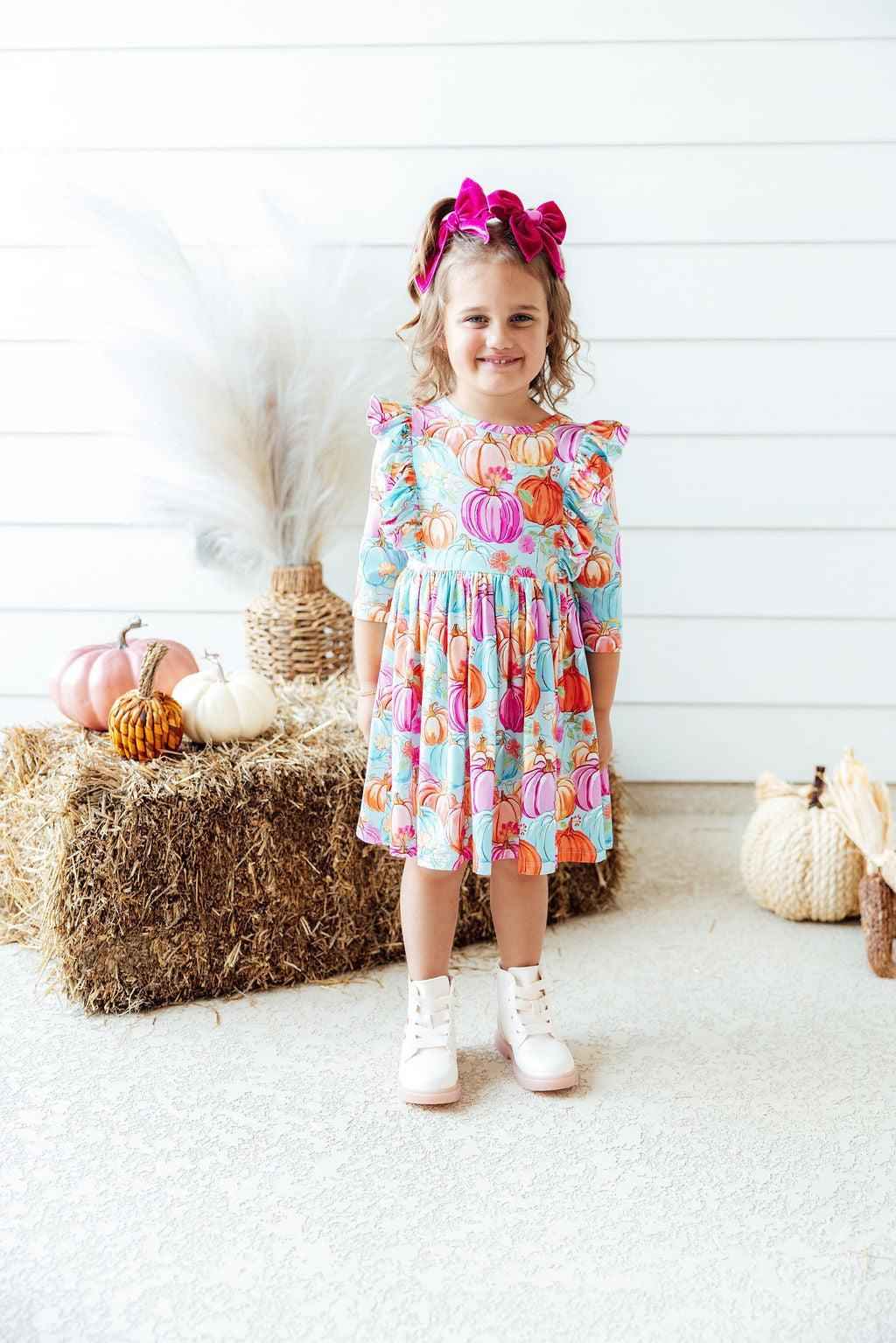 Preppy Pumpkins 3/4 Sleeve Ruffle Twirl Dress - Meera's Mini Mavericks
