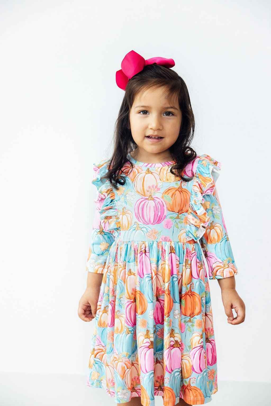 Preppy Pumpkins 3/4 Sleeve Ruffle Twirl Dress - Meera's Mini Mavericks