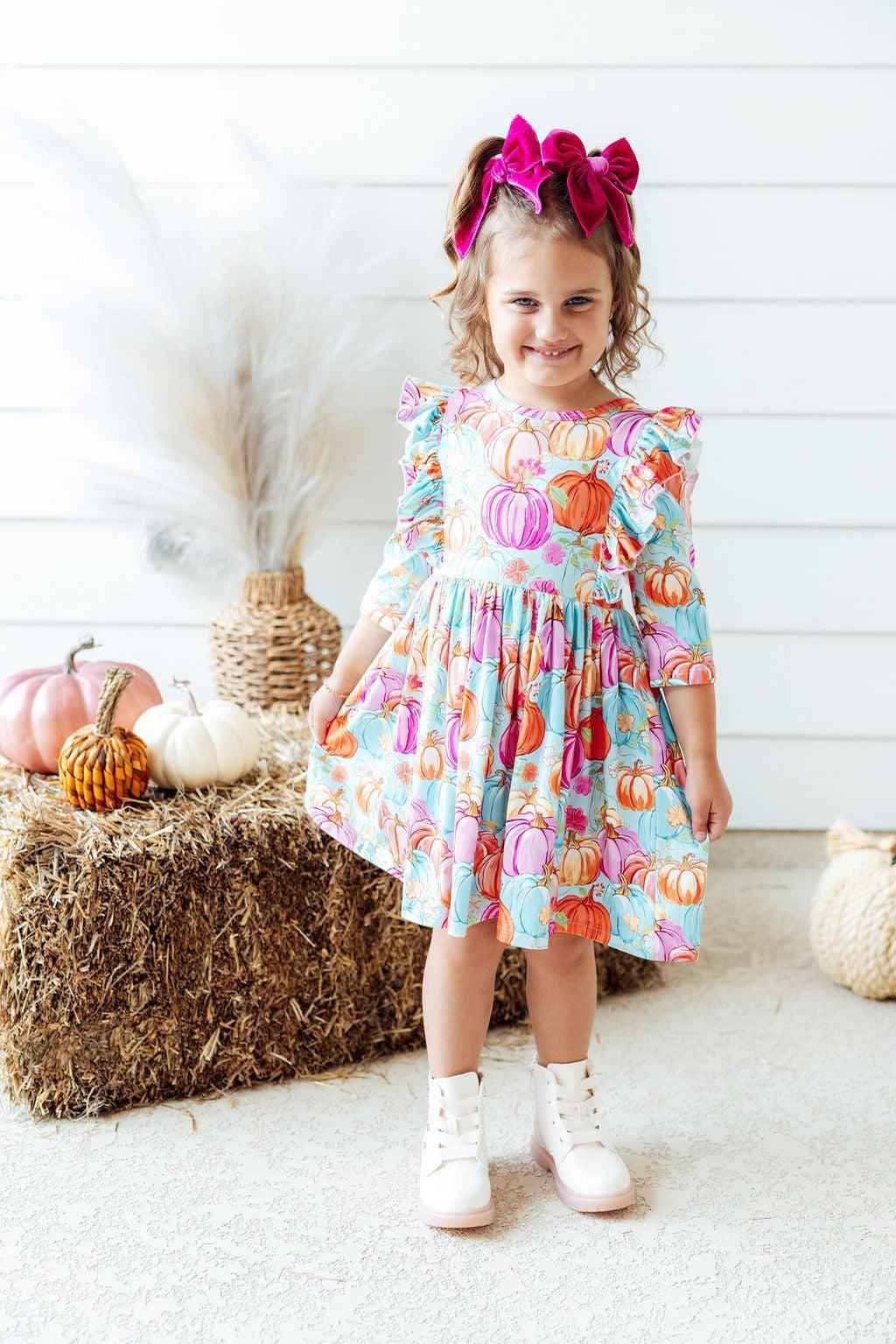 Preppy Pumpkins 3/4 Sleeve Ruffle Twirl Dress - Meera's Mini Mavericks