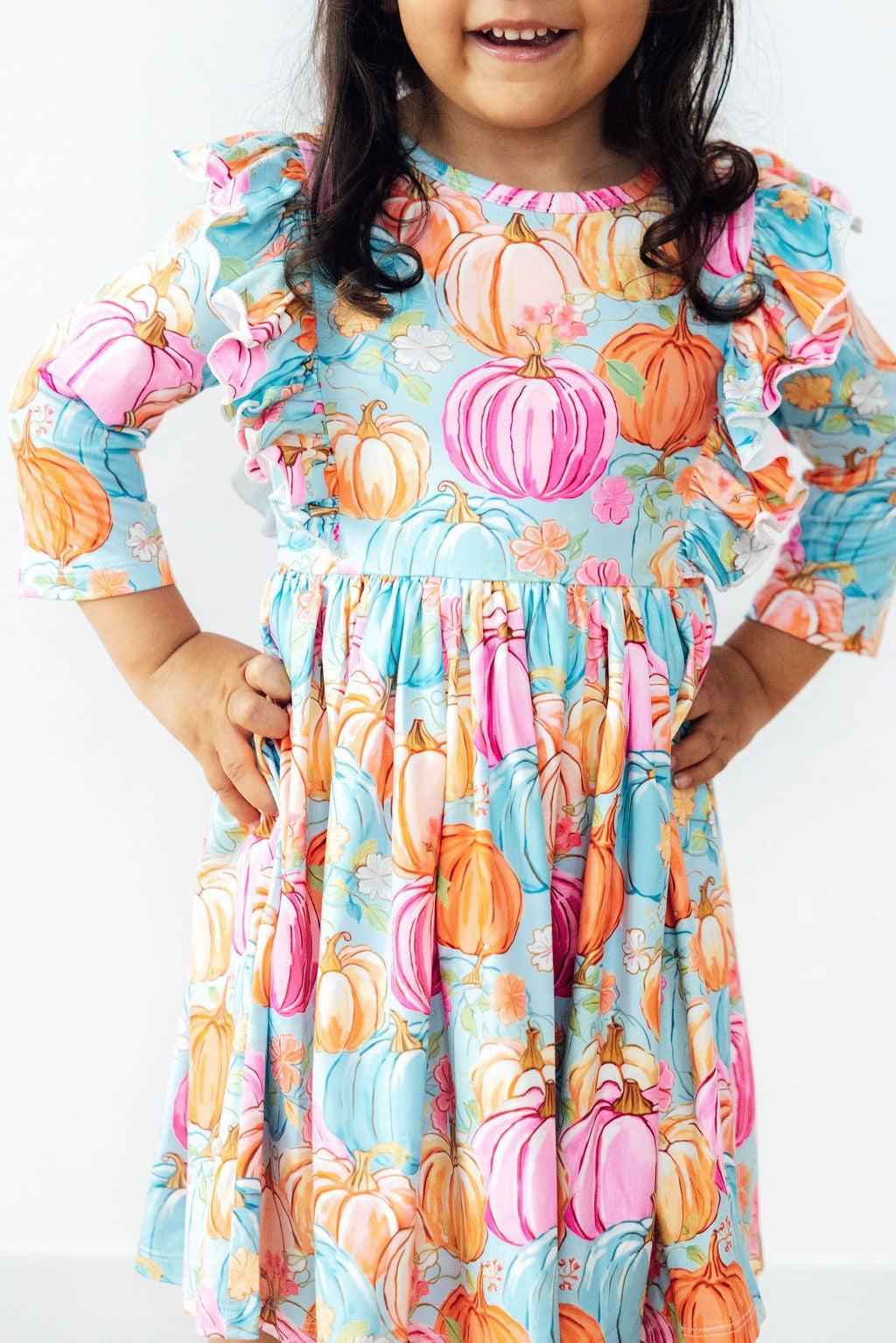 Preppy Pumpkins 3/4 Sleeve Ruffle Twirl Dress - Meera's Mini Mavericks