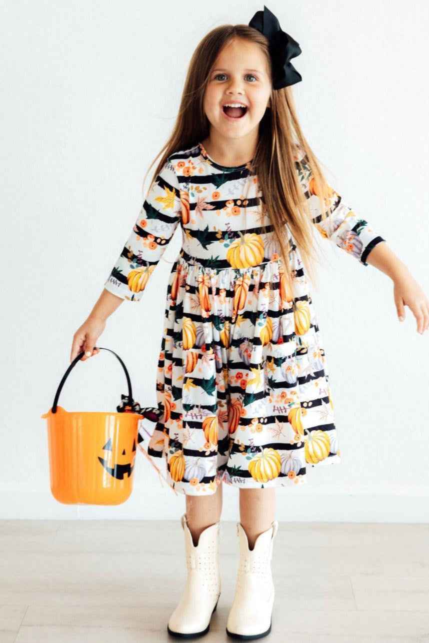 Pumpkins & Peonies 3/4 Sleeve Pocket Twirl Dress - Meera's Mini Mavericks