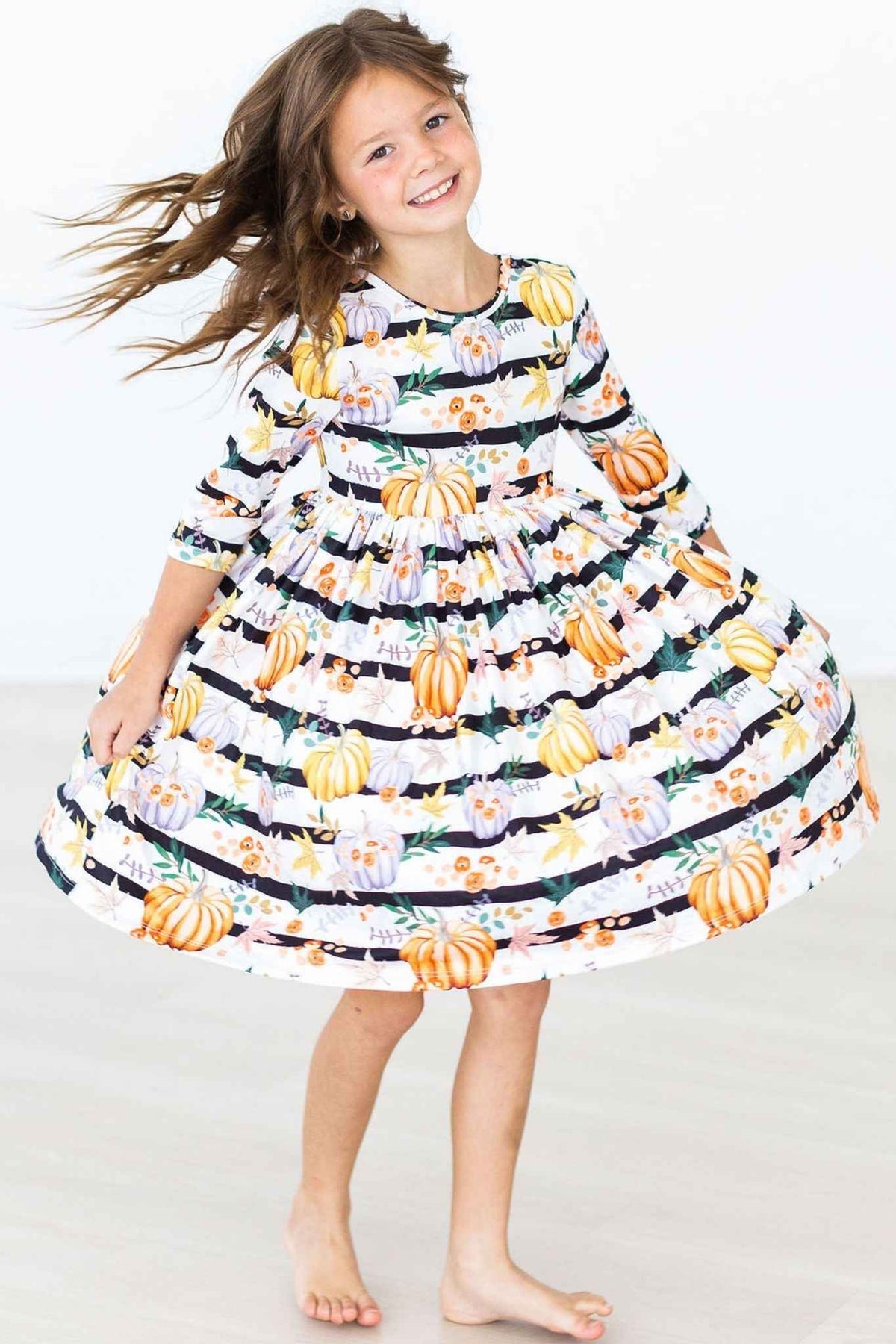 Pumpkins & Peonies 3/4 Sleeve Pocket Twirl Dress - Meera's Mini Mavericks