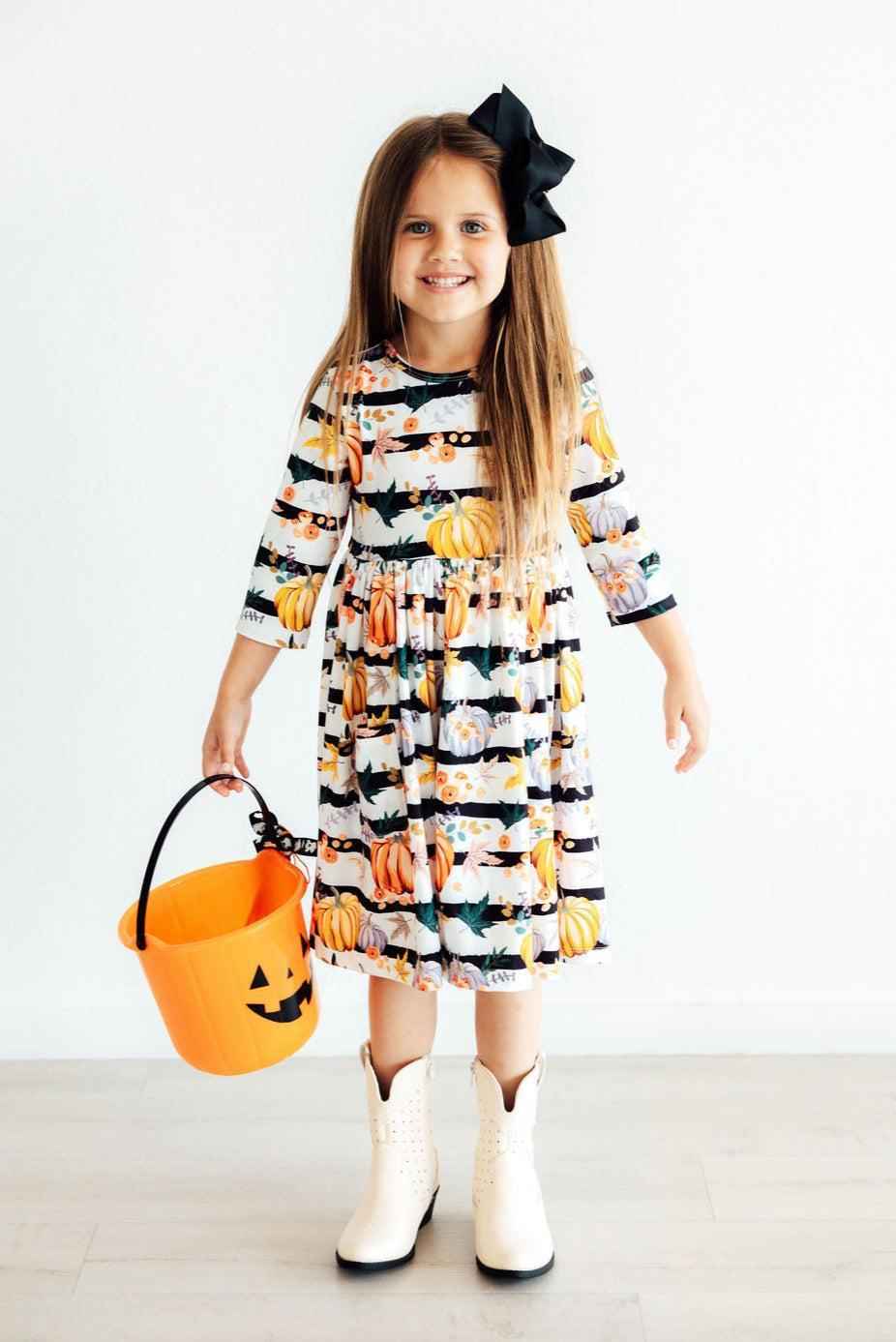 Pumpkins & Peonies 3/4 Sleeve Pocket Twirl Dress - Meera's Mini Mavericks