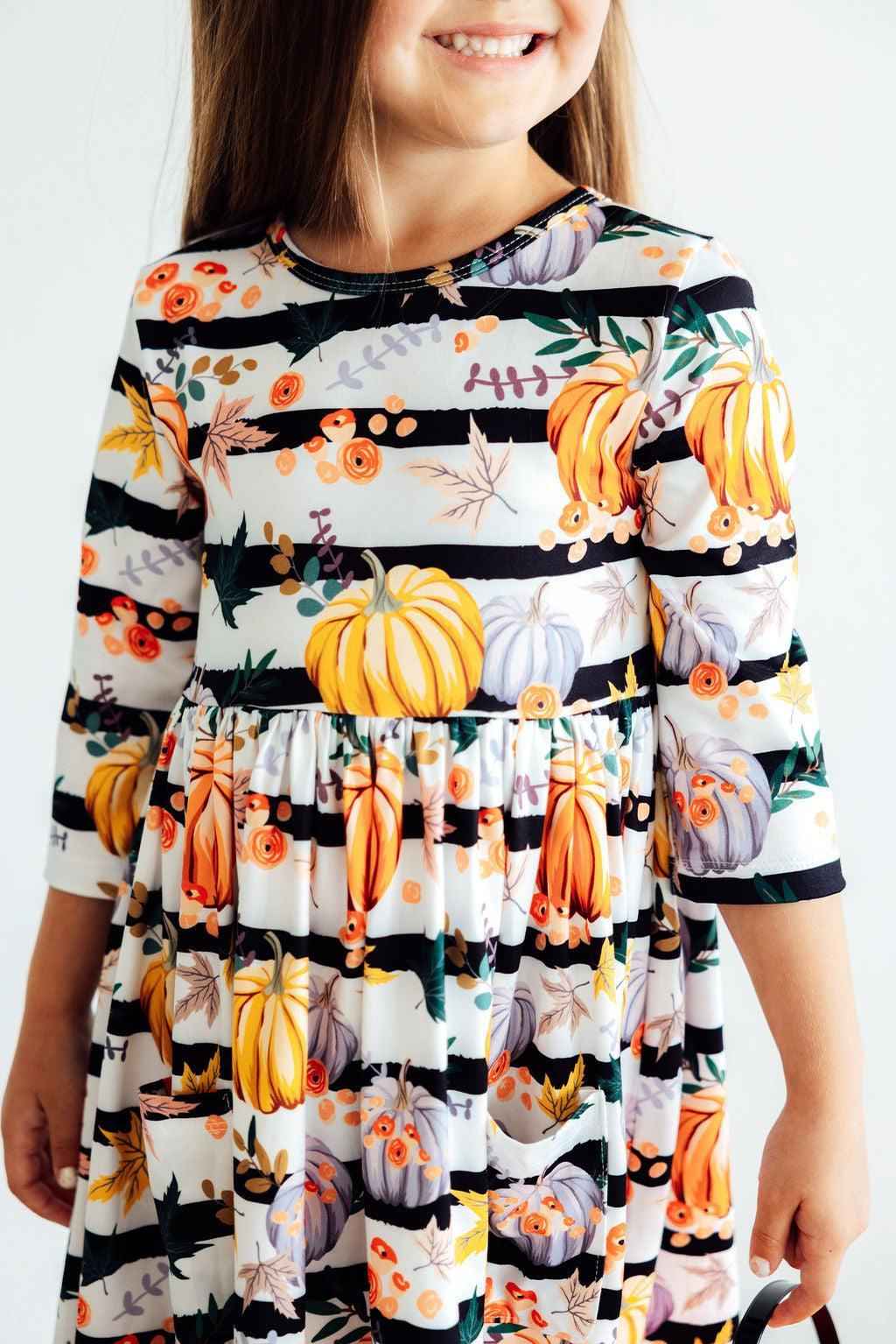 Pumpkins & Peonies 3/4 Sleeve Pocket Twirl Dress - Meera's Mini Mavericks