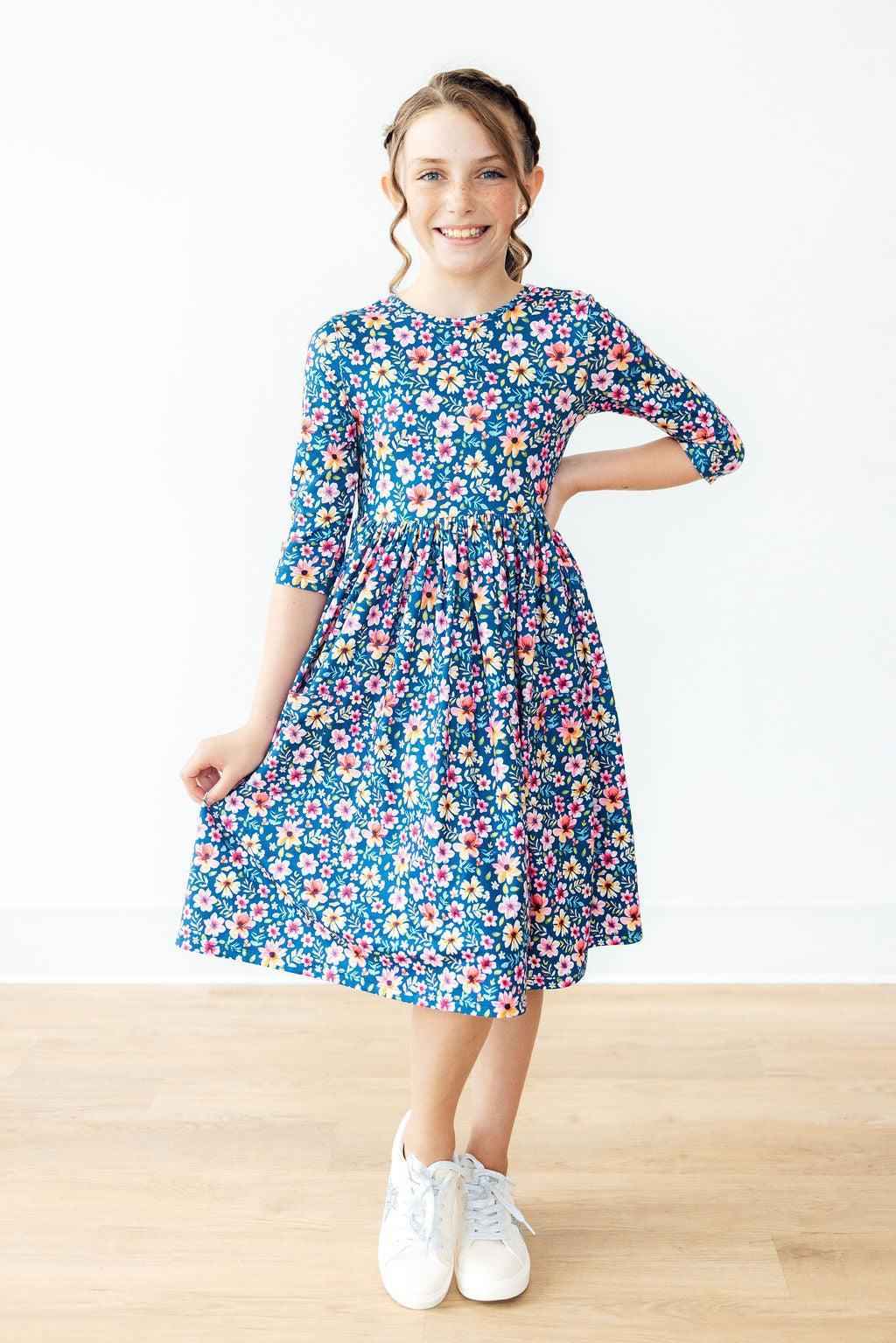 Rainforest Blooms 3/4 Sleeve Pocket Twirl Dress - Meera's Mini Mavericks
