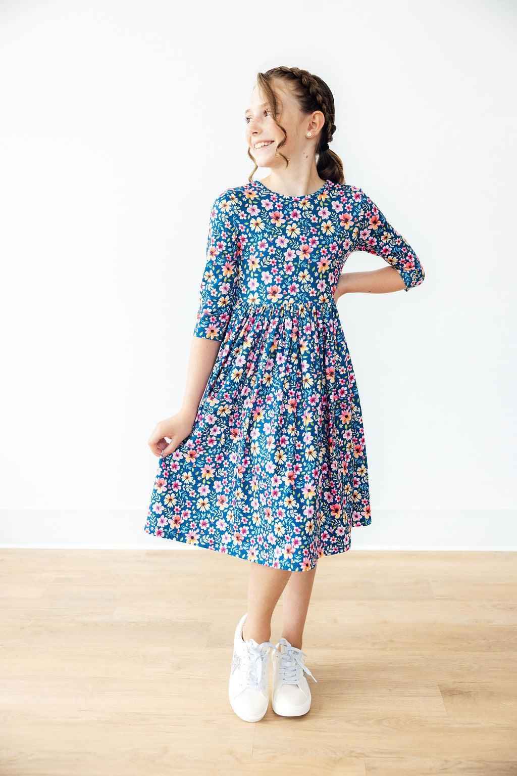 Rainforest Blooms 3/4 Sleeve Pocket Twirl Dress - Meera's Mini Mavericks