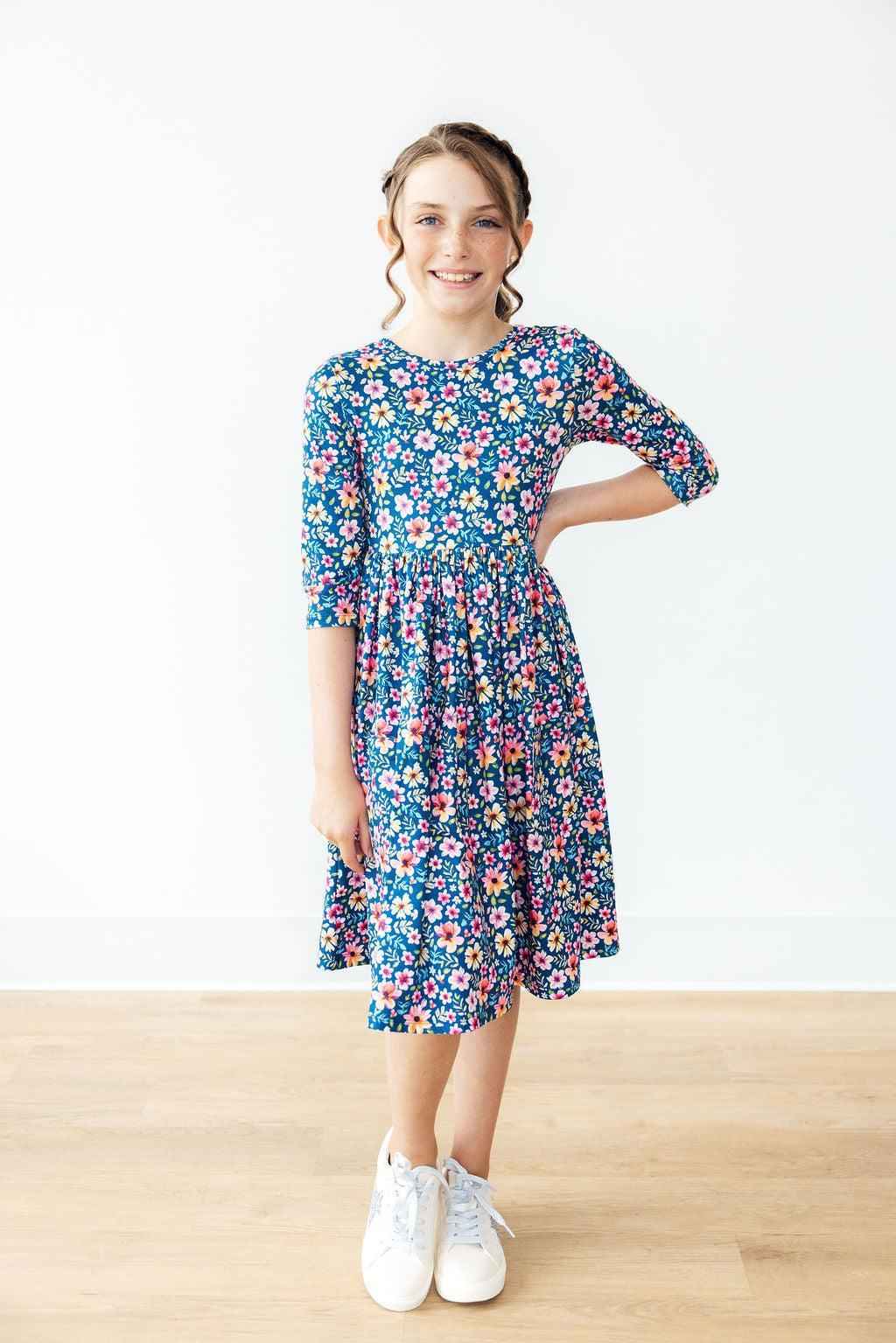 Rainforest Blooms 3/4 Sleeve Pocket Twirl Dress - Meera's Mini Mavericks