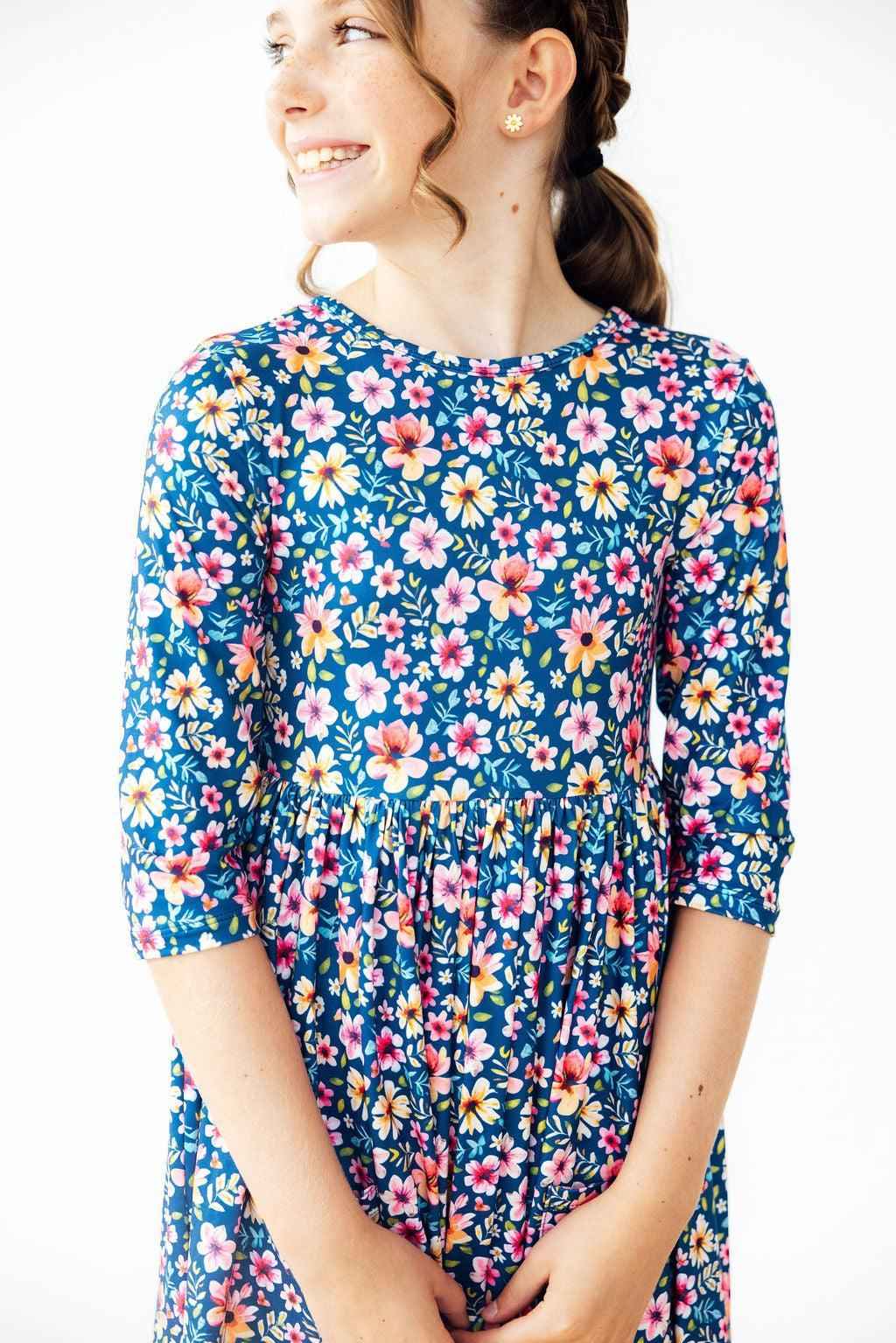 Rainforest Blooms 3/4 Sleeve Pocket Twirl Dress - Meera's Mini Mavericks
