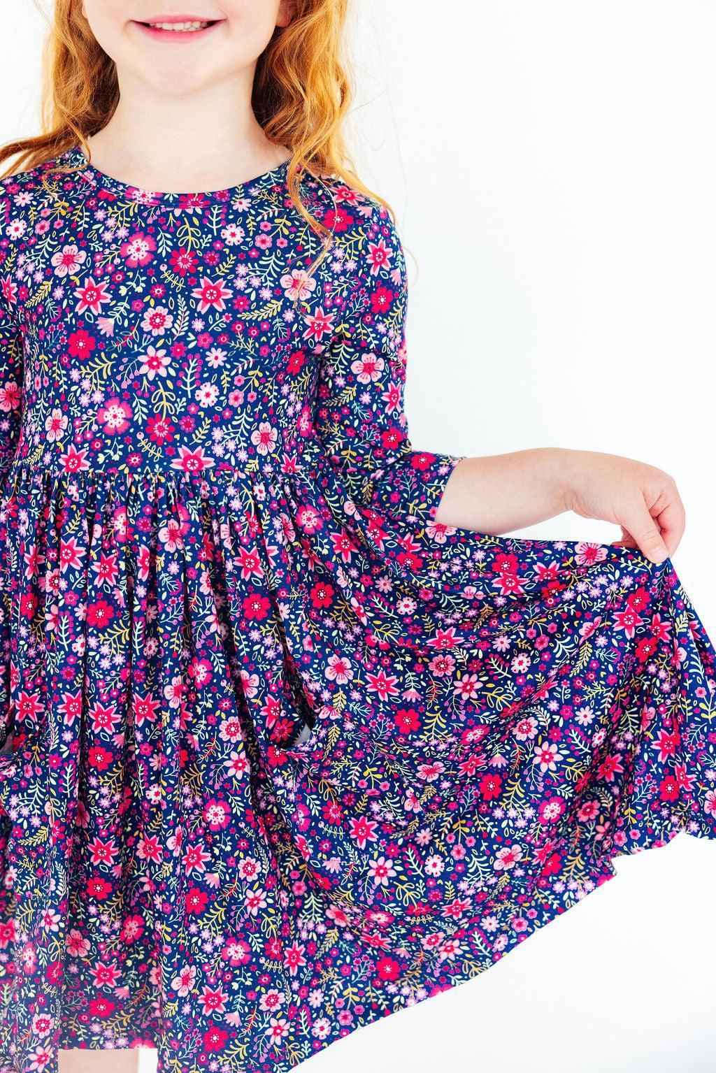 Flower Farm 3/4 Sleeve Pocket Twirl Dress - Meera's Mini Mavericks