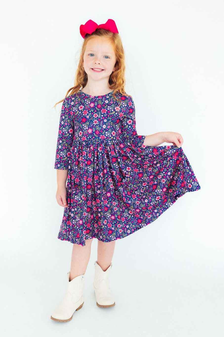 Flower Farm 3/4 Sleeve Pocket Twirl Dress - Meera's Mini Mavericks