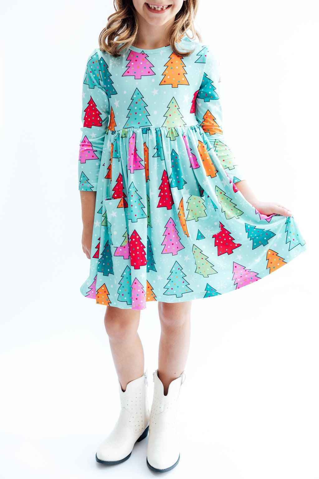Oh Christmas Tree L/S Pocket Twirl Dress - Meera's Mini Mavericks