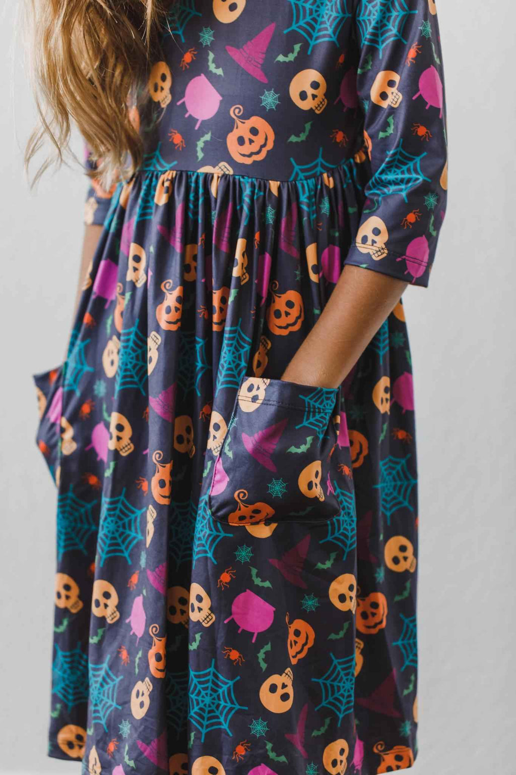 Skeleton Web 3/4 Sleeve Pocket Twirl Dress - Meera's Mini Mavericks