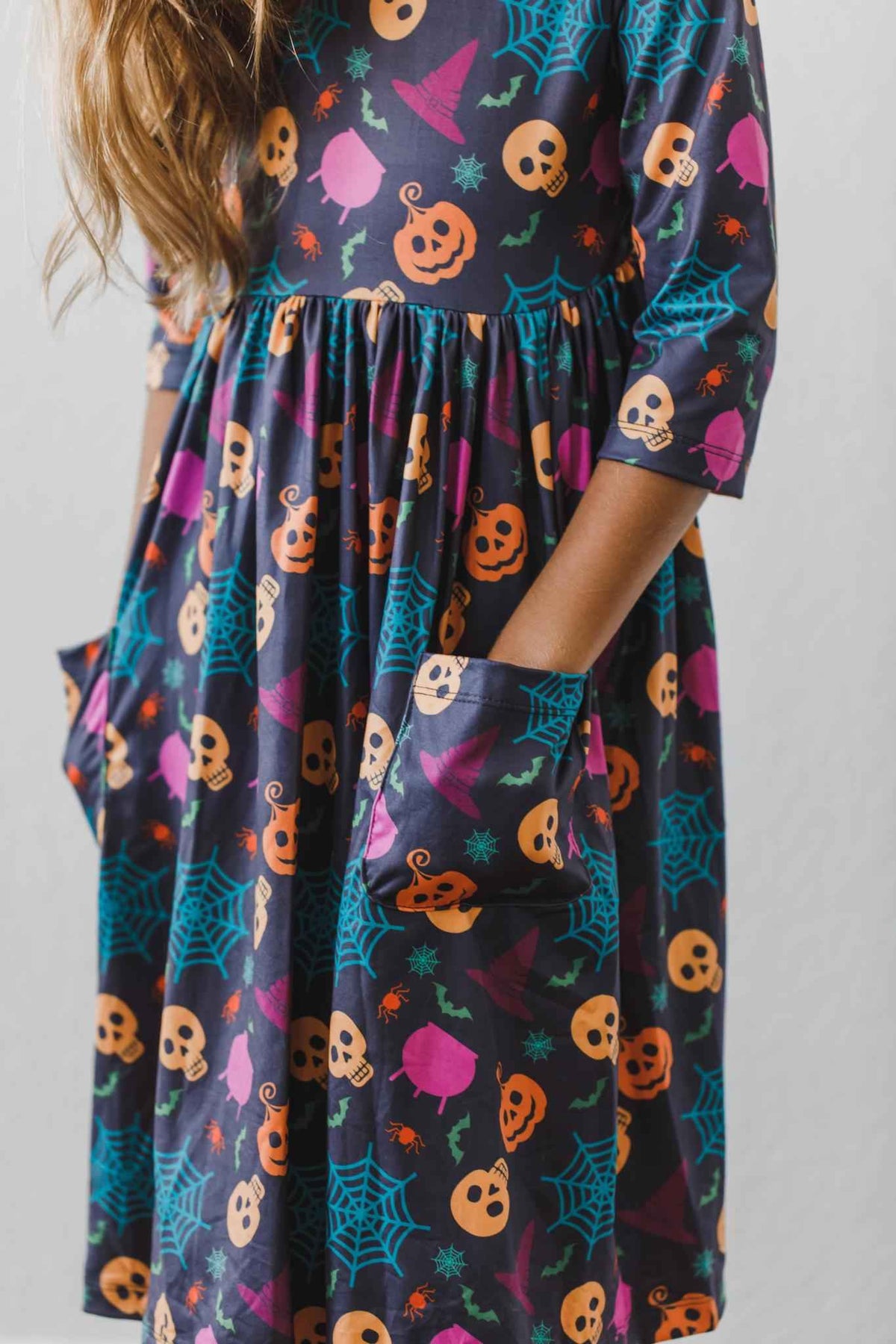 Skeleton Web 3/4 Sleeve Pocket Twirl Dress - Meera's Mini Mavericks